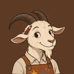 Bill, drawn as a goat in a paint-flecked apron with a pencil behind one ear
