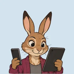 Jessie, drawn as a hare comparing a phone and a tablet