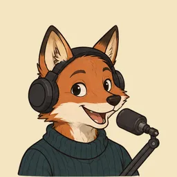 Nathaniel, drawn as a red fox in studio headphones at a microphone