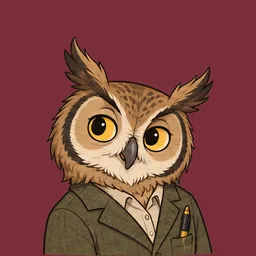 Vinge, drawn as a horned owl in a tweed jacket with a fountain pen