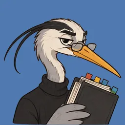 Woody, drawn as a grey heron in reading glasses, holding a thick tabbed rulebook